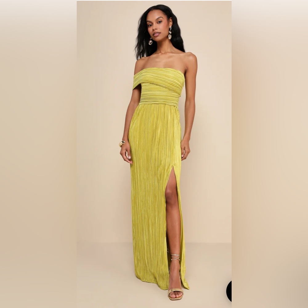 Lulus Chartreuse Plisse One-Shoulder Maxi Dress